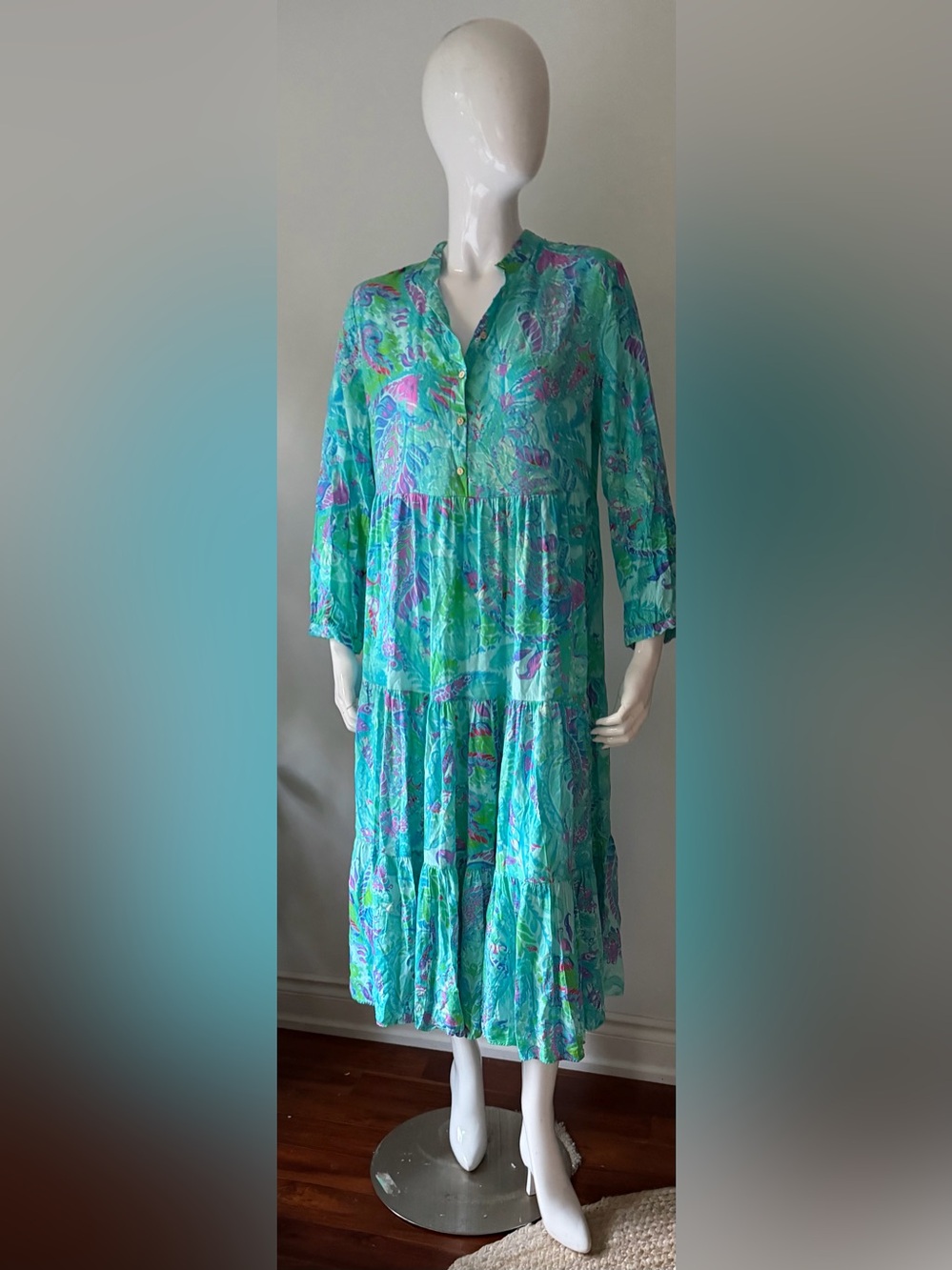 Tropical Aqua Floral Tiered Midi Dress - Picture 3 of 5